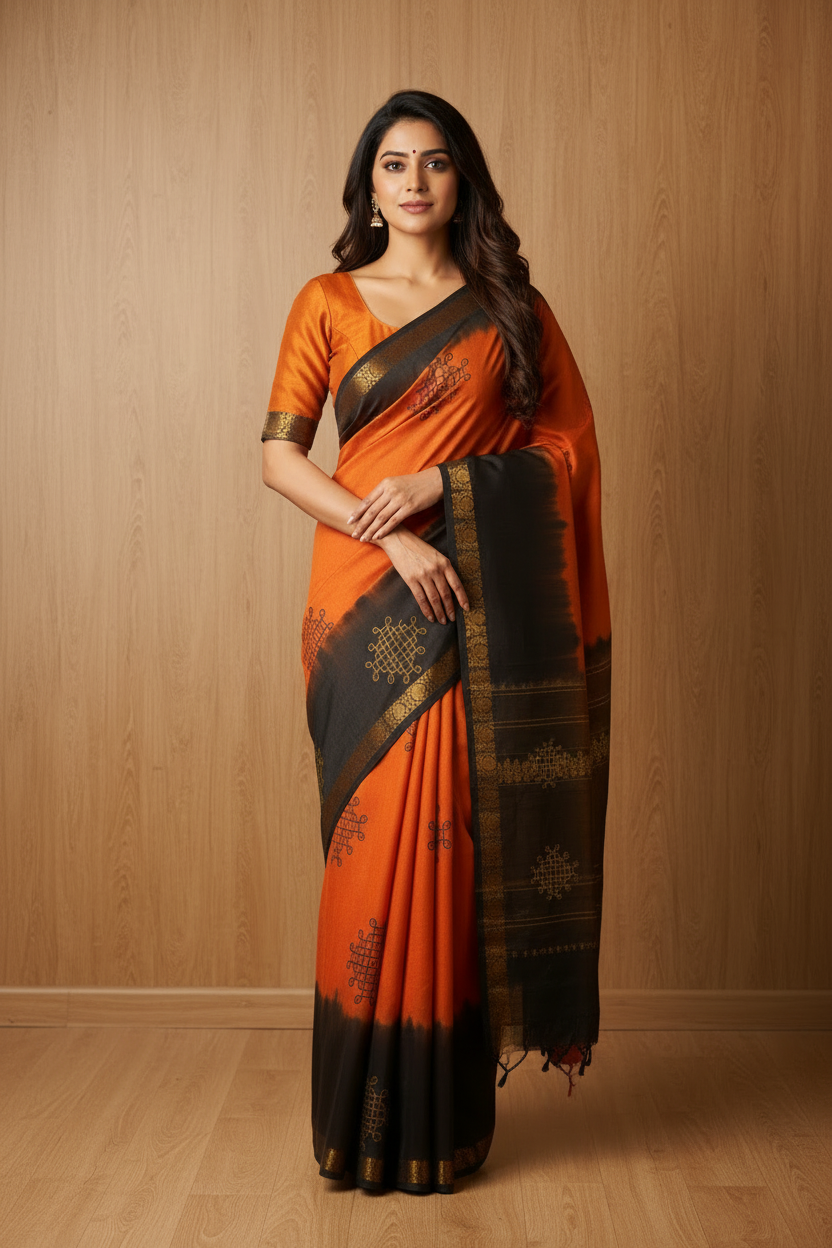 Kolam Printed Sungudi Cotton Saree Orange | TLL213