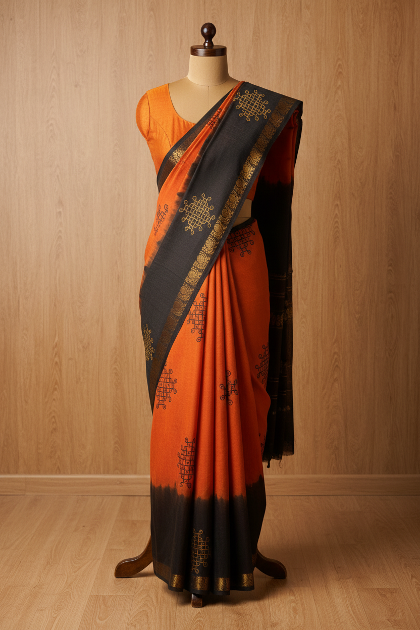 Kolam Printed Sungudi Cotton Saree Orange | TLL213