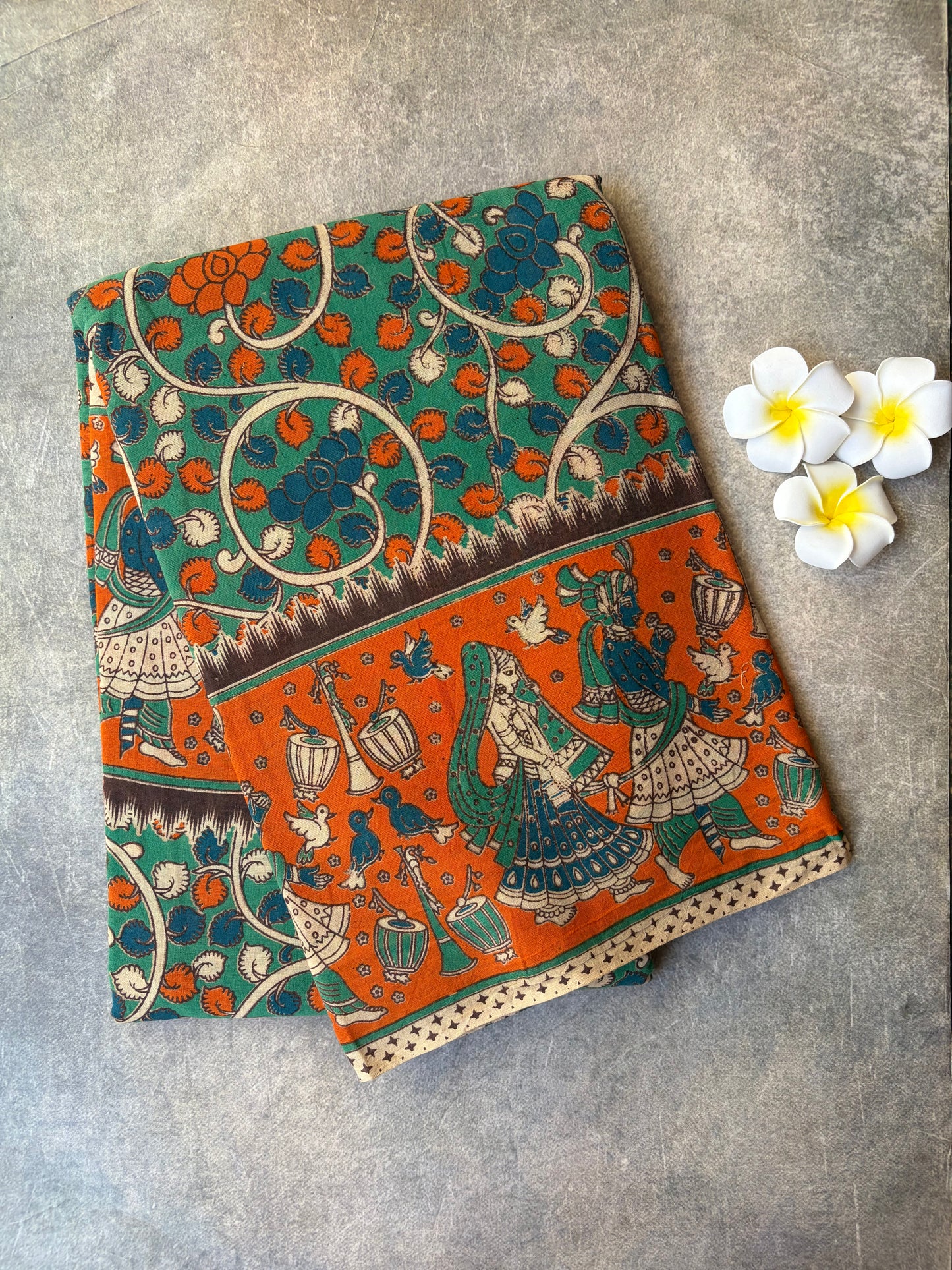 Kalamkari Printed Cotton Saree Green | TLL417