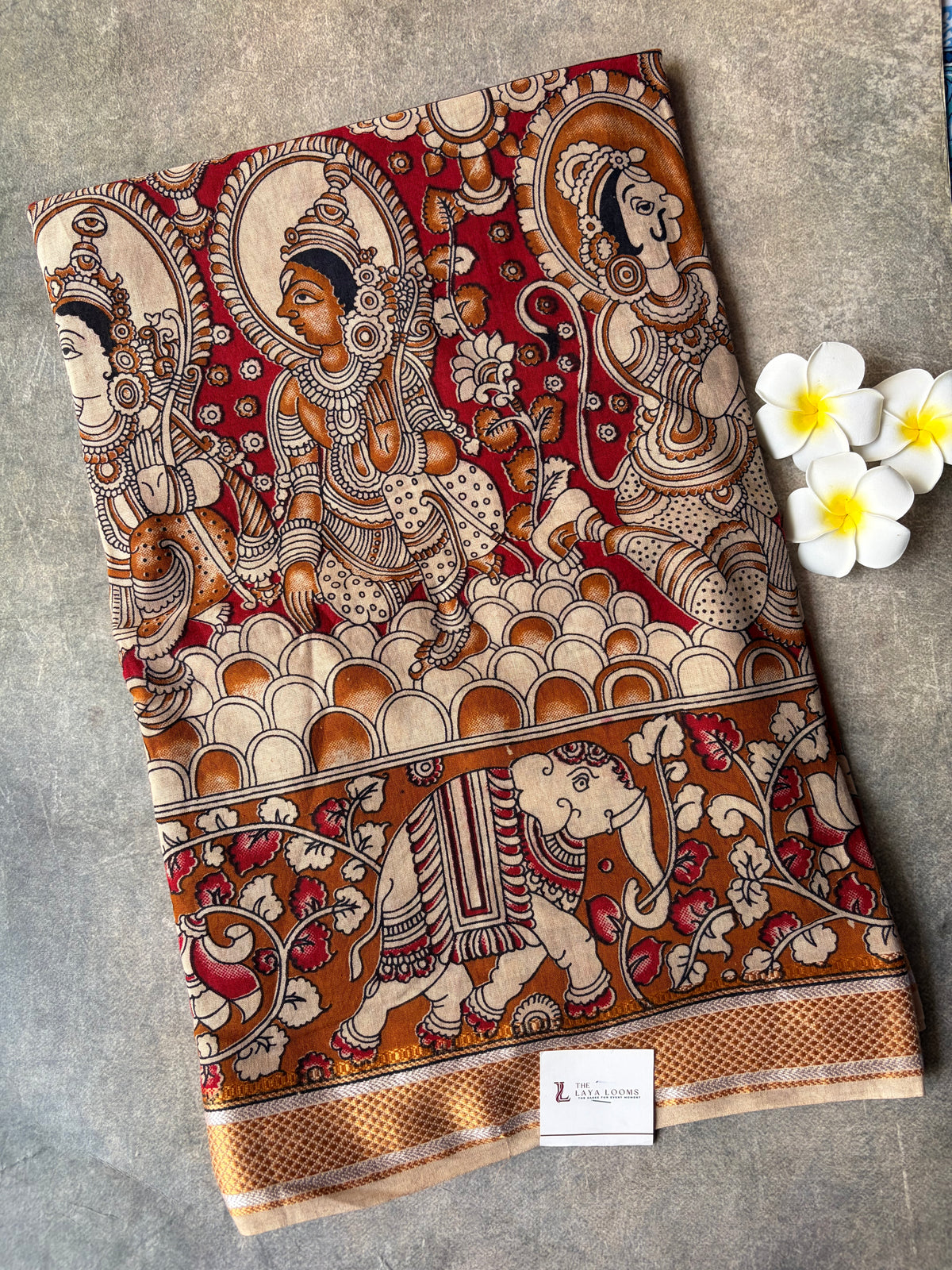 Traditional Kalamkari Soft Mul Cotton Saree Mustard Yellow with Red | TLL623