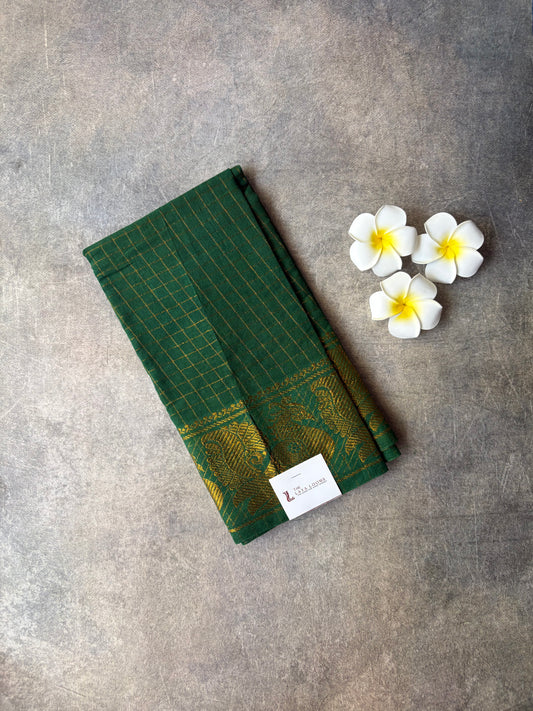 Dark Green Golden Checked Sungudi Cotton Blouse Piece | TLL243