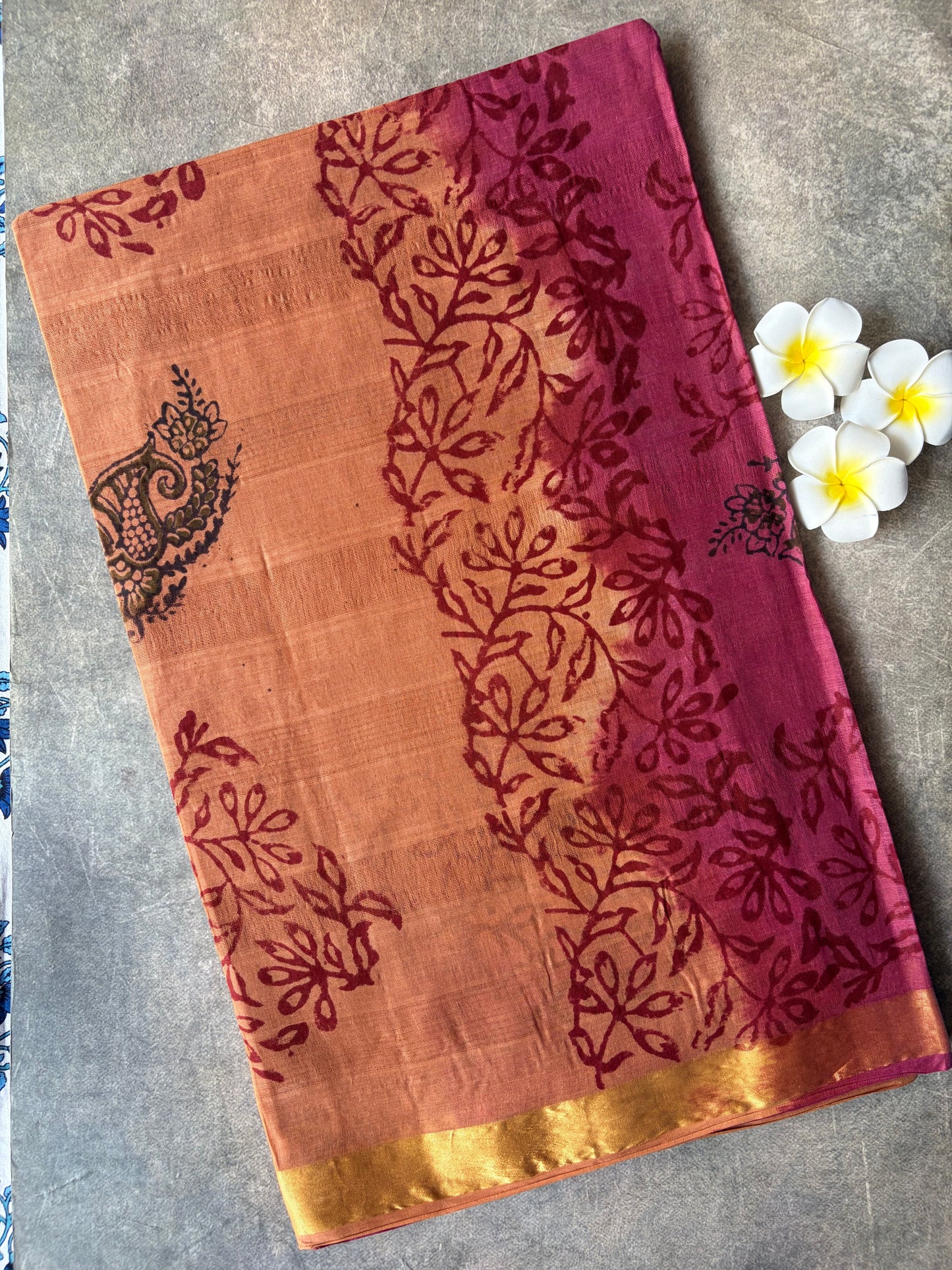 Peach with Maroon Pure Cotton Saree | TLL586