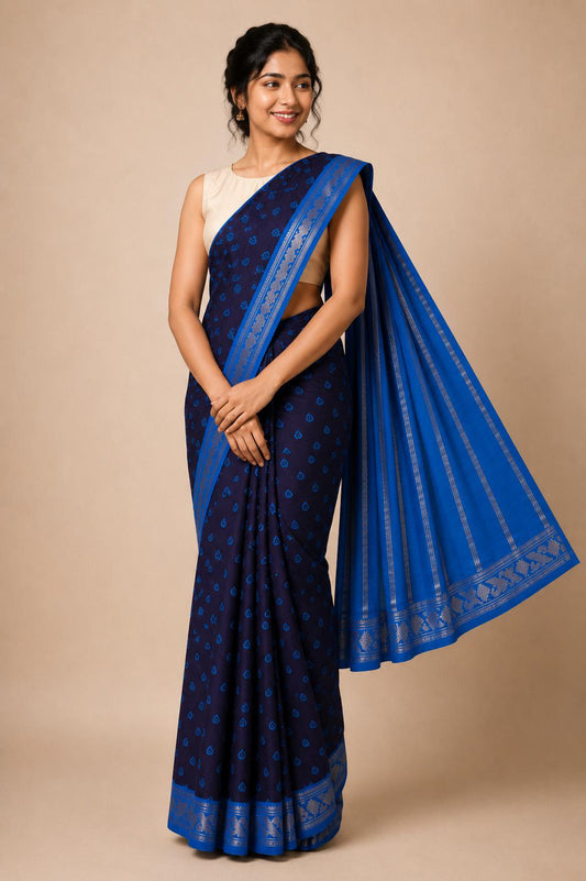 Authentic Soft Sungudi Cotton Saree – Blue with Heart Motifs & Blue Border | TLL094