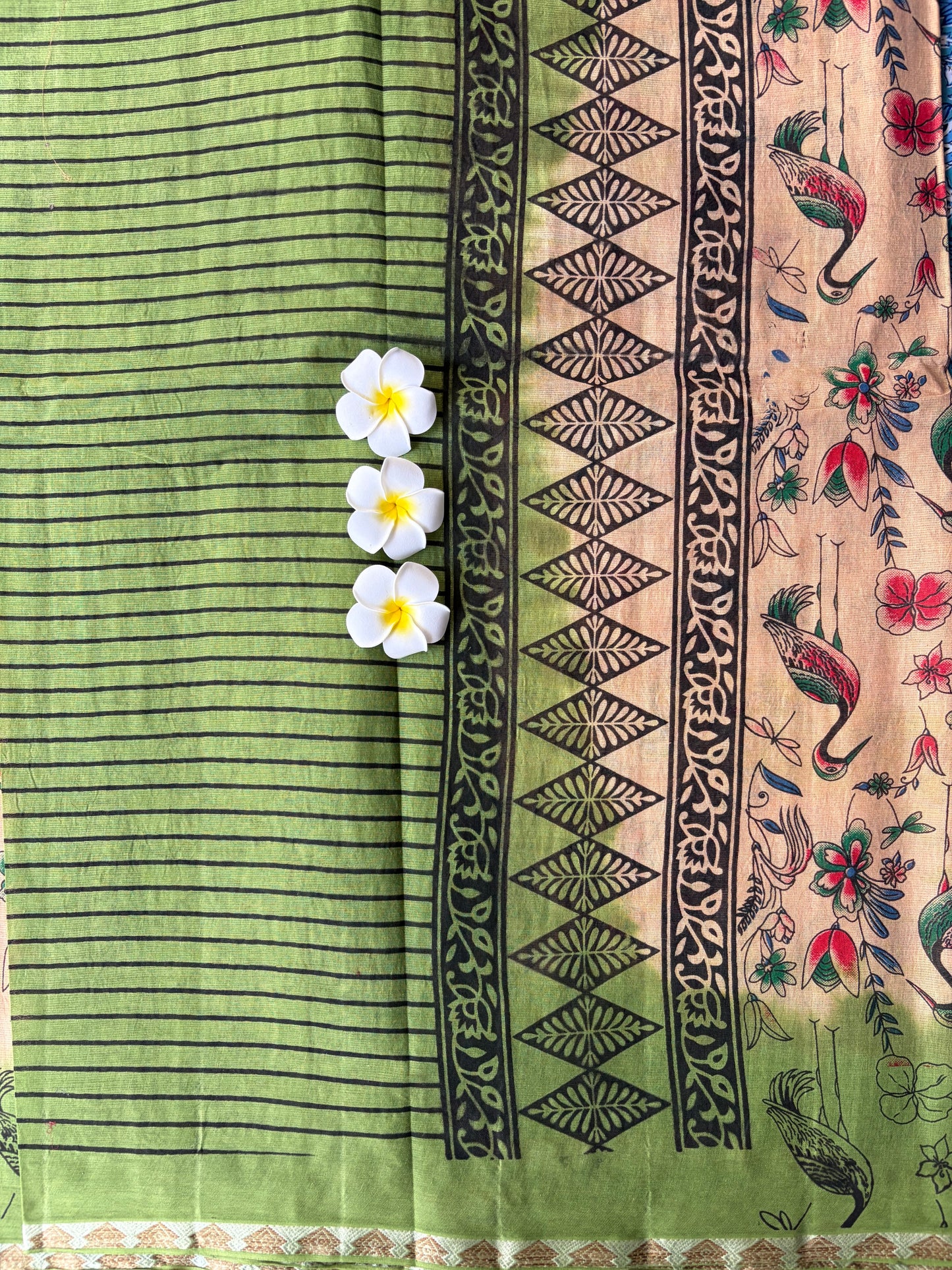 Kalamkari Cotton Saree Cream with Green Border | TLL594
