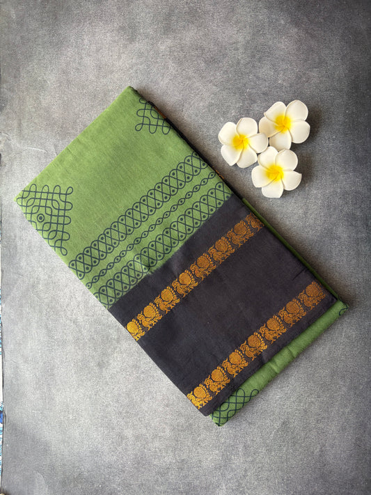 Olive Green Kolam Printed Sungudi Cotton Saree | TLL212