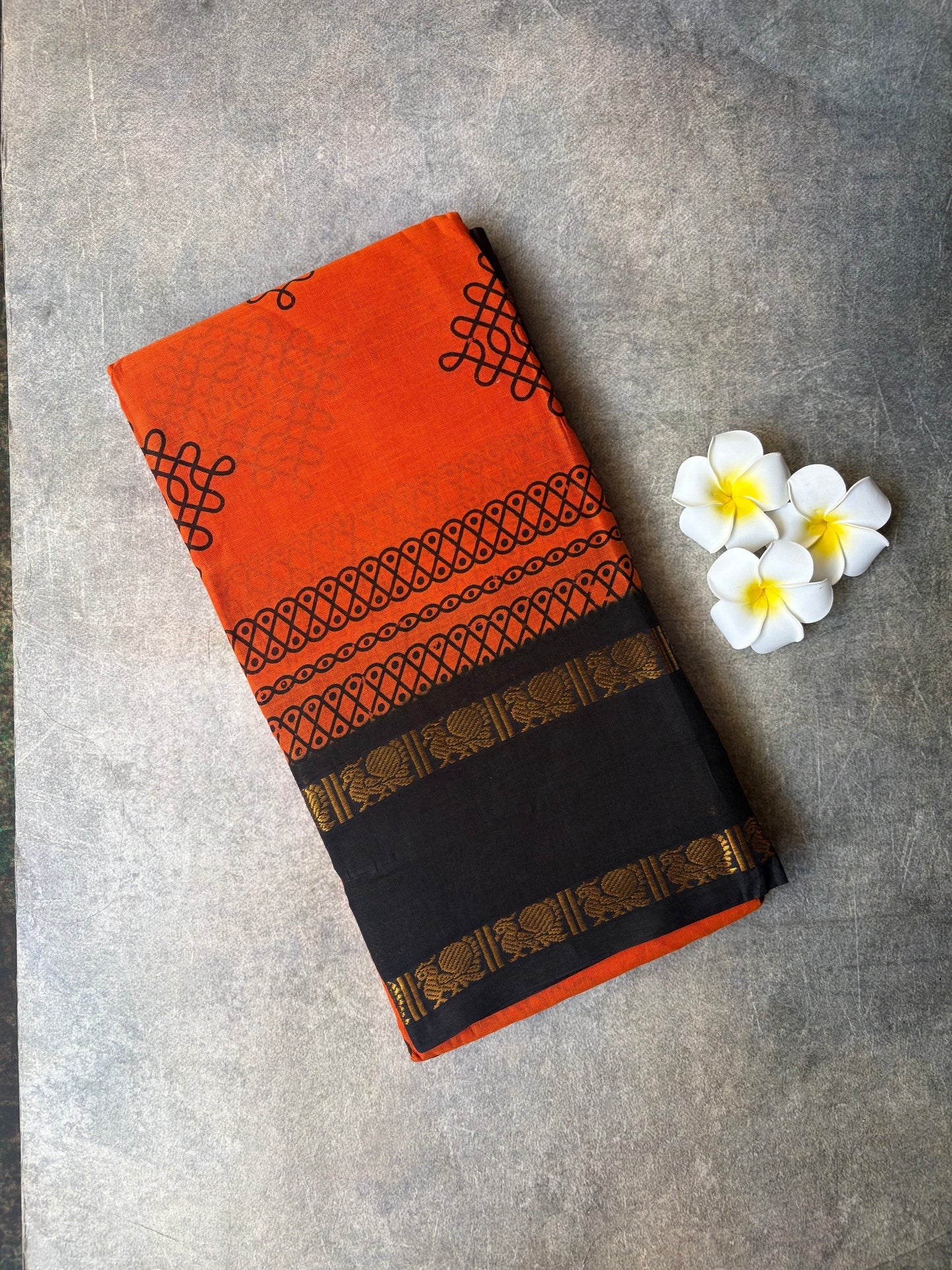 Kolam Printed Sungudi Cotton Saree Orange | TLL393