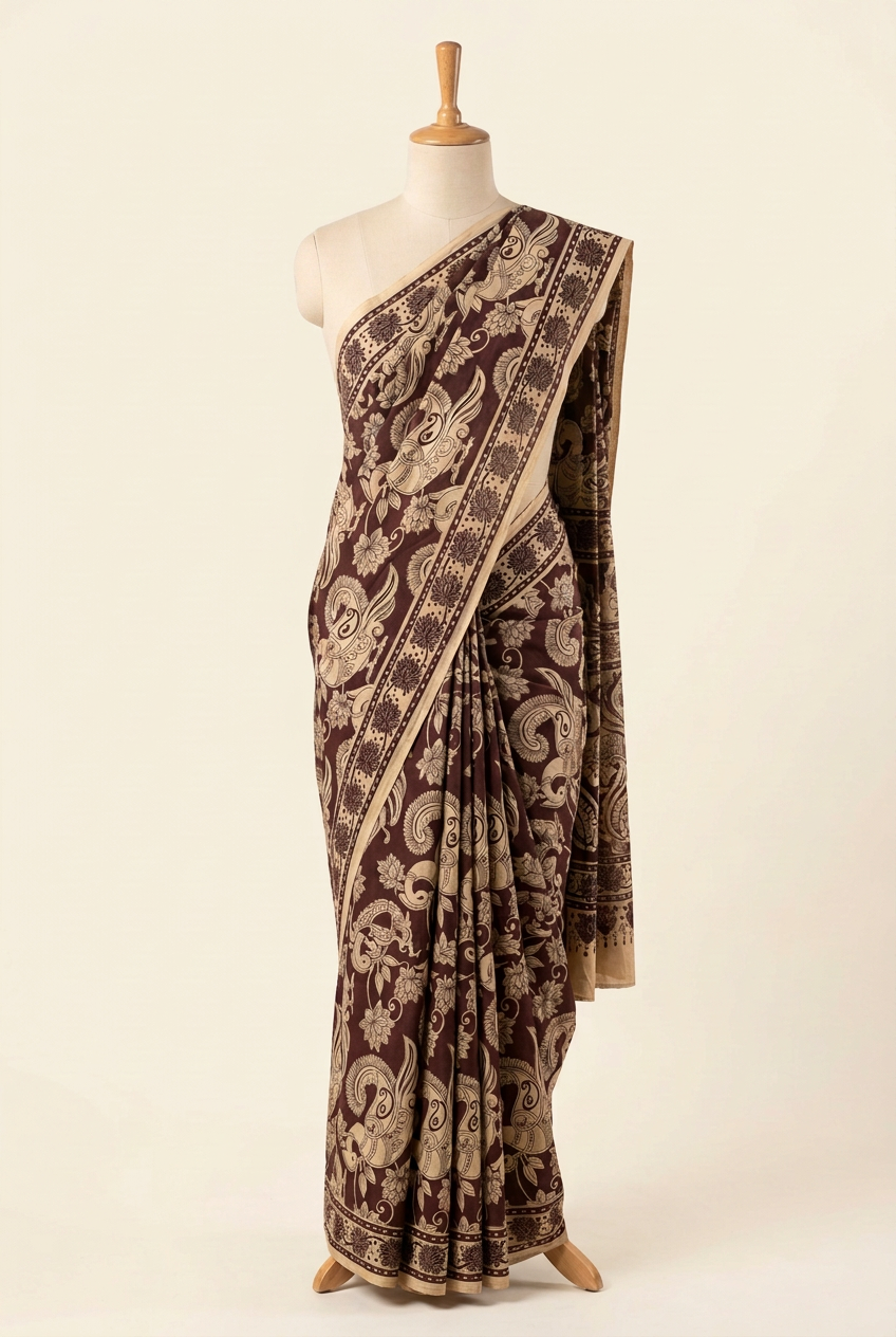 Kalamkari Mul Mul Cotton Saree Maroon | TLL609