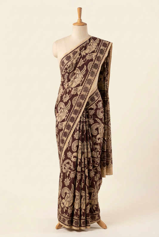 Kalamkari Mul Mul Cotton Saree Maroon | TLL609