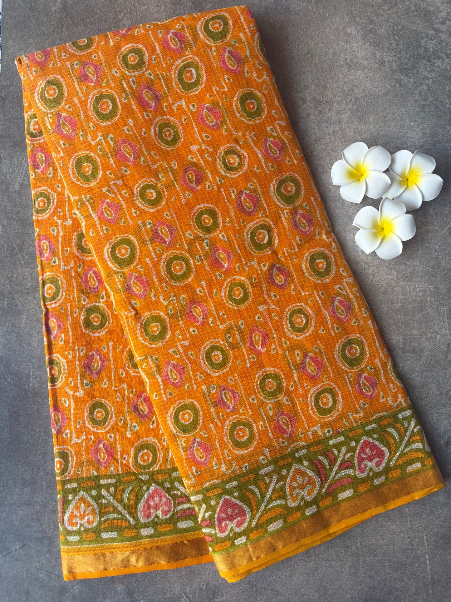 Orange Round Printed Kota Doria Cotton Saree | TLL568