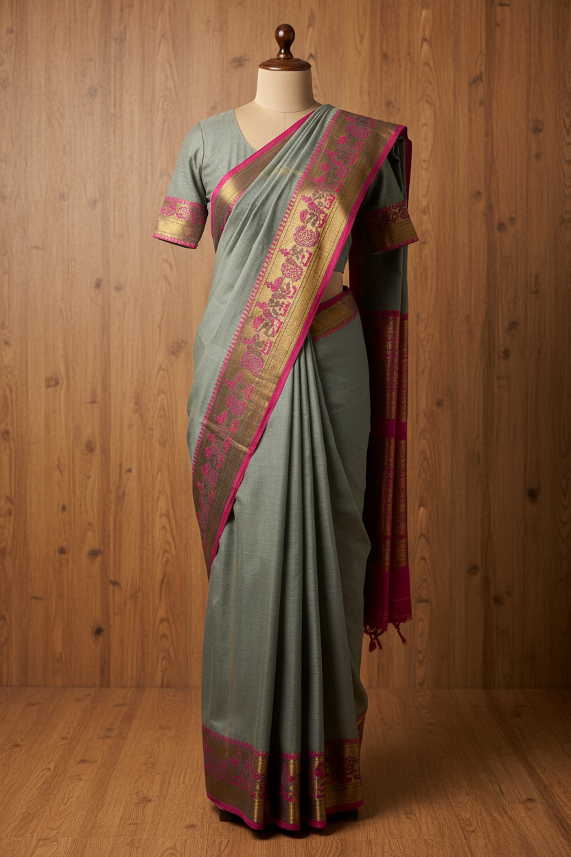Kanchi Cotton Saree Grey | TLL256