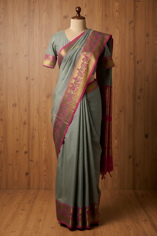 Kanchi Cotton Saree Grey | TLL256
