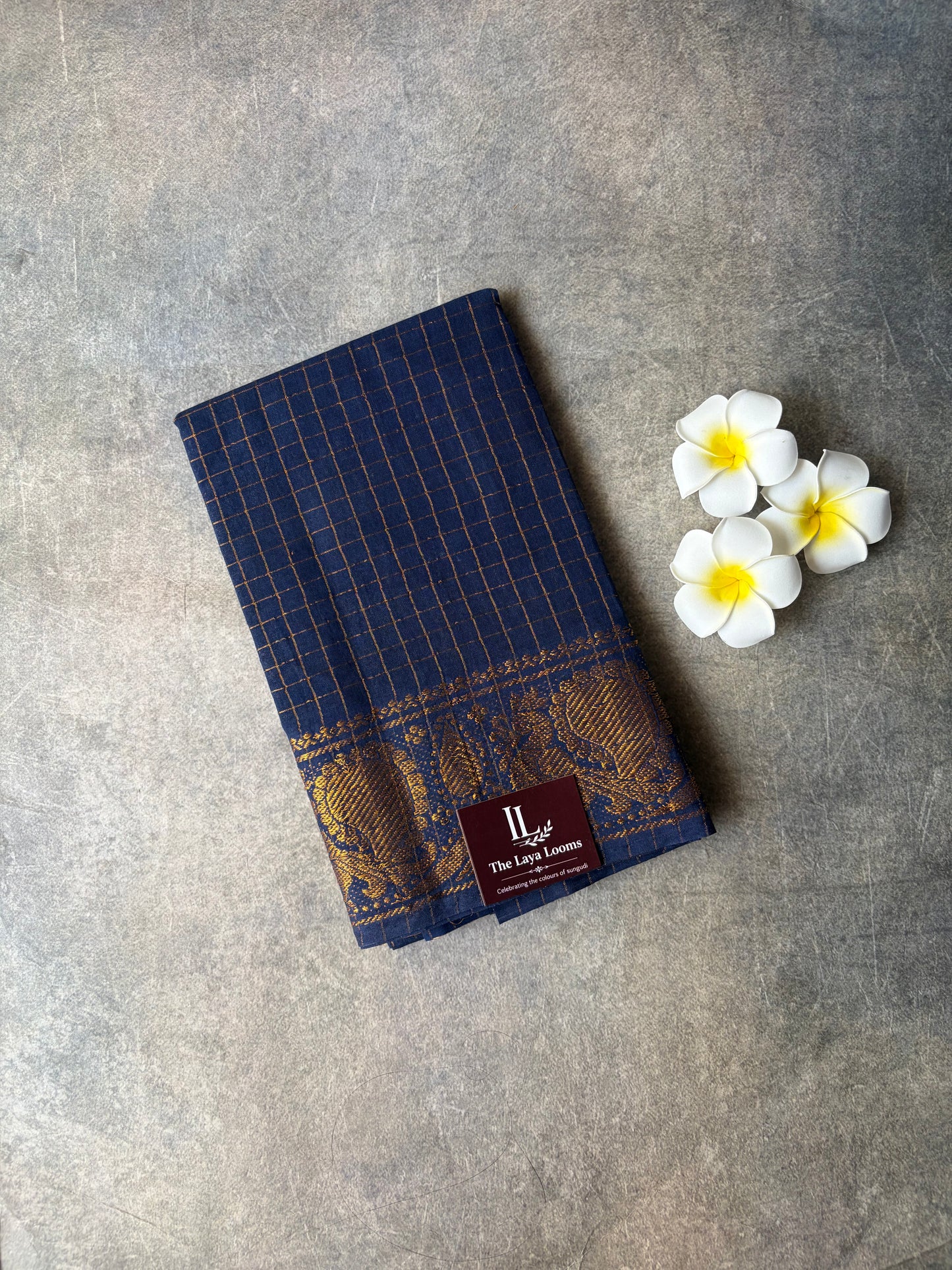 Navy Blue Golden Checked Sungudi Cotton Blouse Piece | TLL564