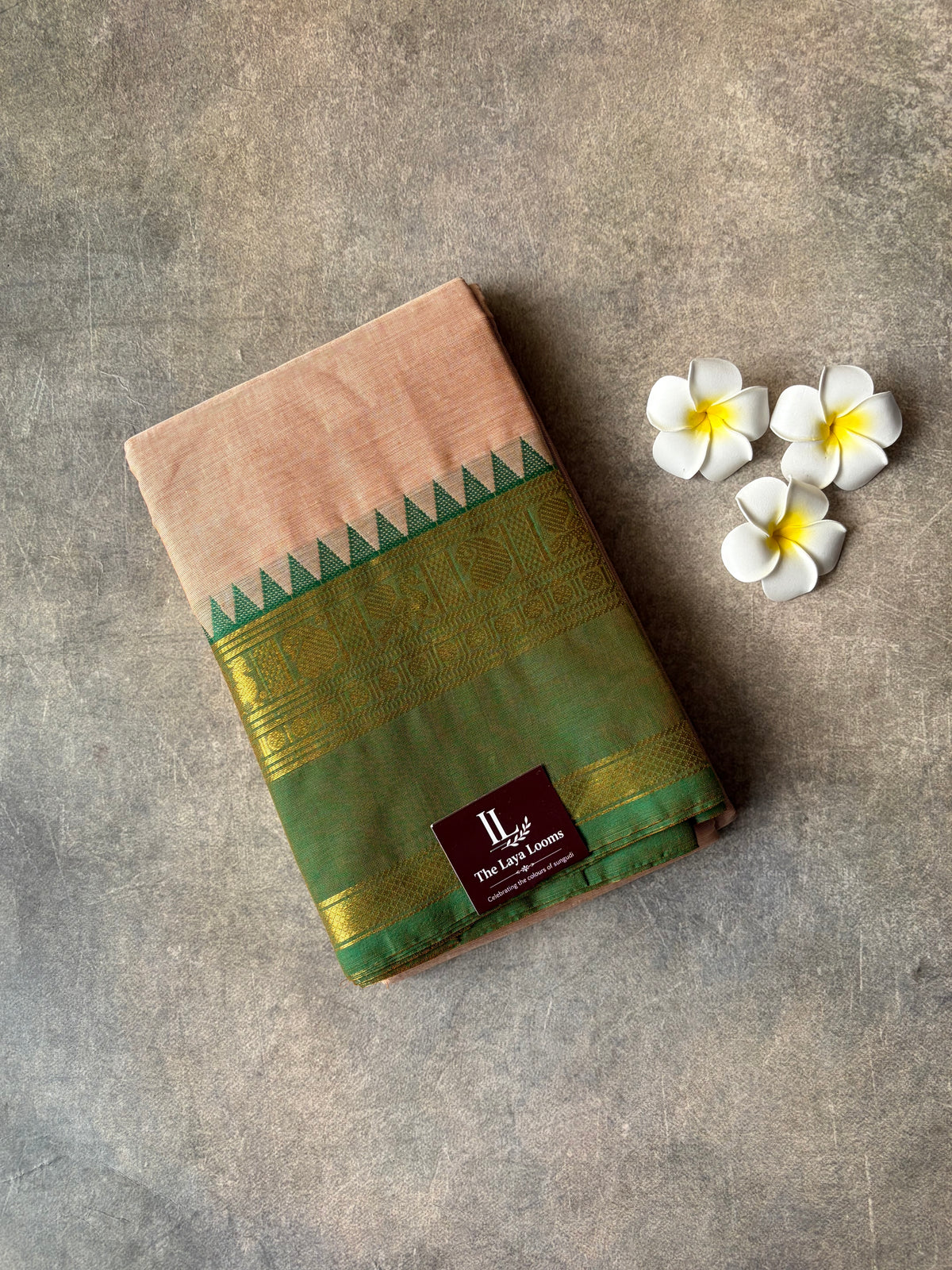 Kanchi Cotton Saree Peach with Green Border | TLL665
