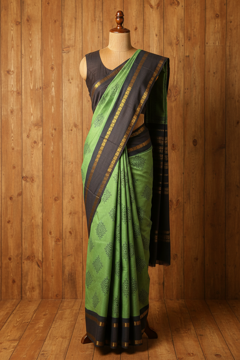 Kolam Printed Sungudi Cotton Saree Olive Green | TLL212