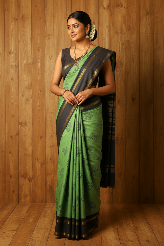 Kolam Printed Sungudi Cotton Saree Olive Green | TLL212