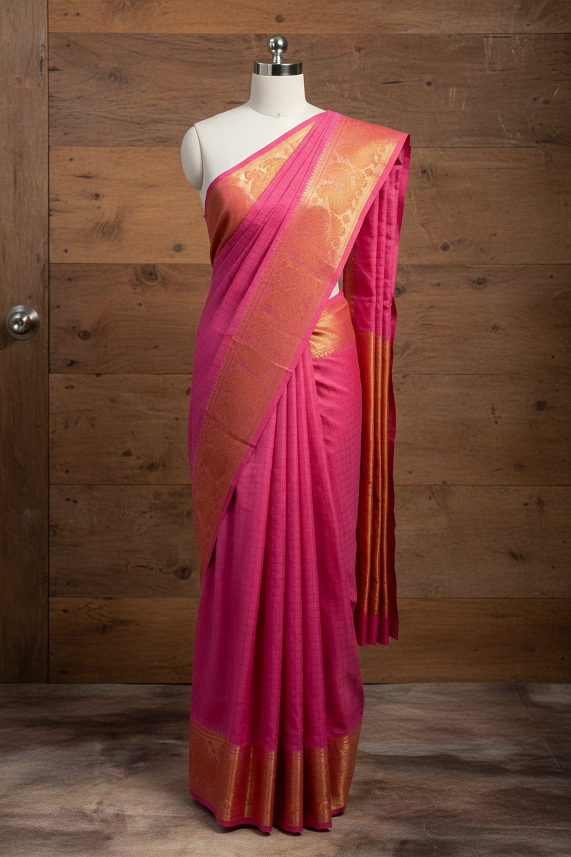 Pink fabric with floral patterns on a textured surface with white flowers.