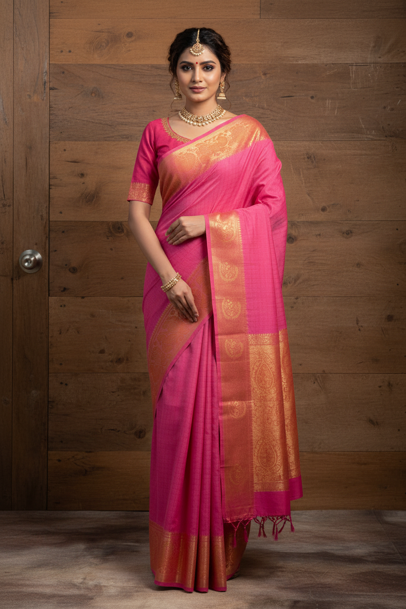 Pink Self Zari Checks Sungudi Saree with Golden Zari | TLL128