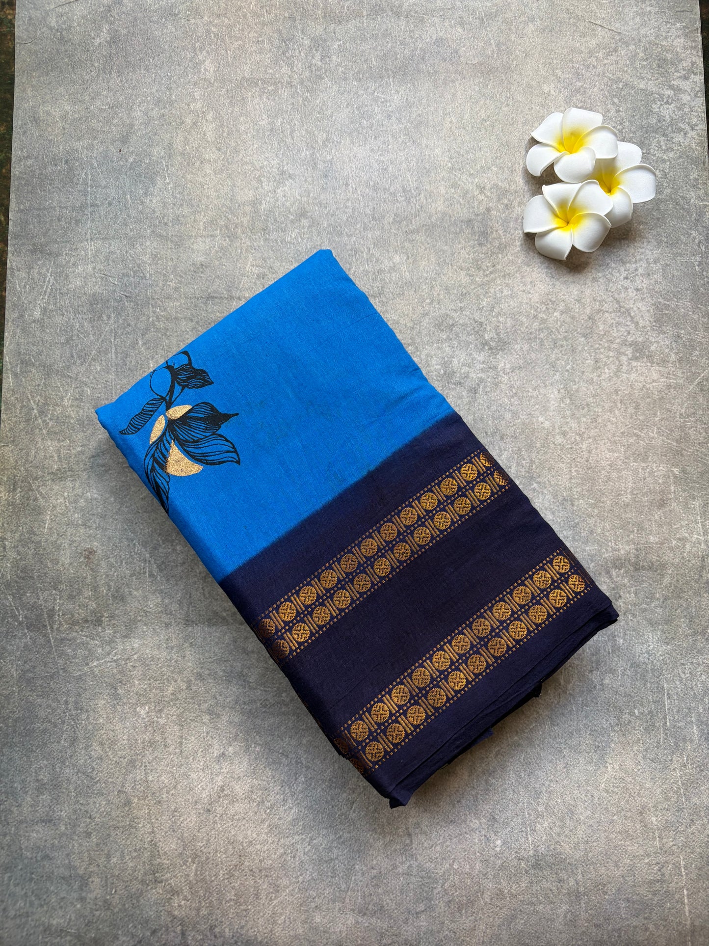 Soft Sungudi | Golden Moon Ink Blue with Navy Blue Border | without blouse