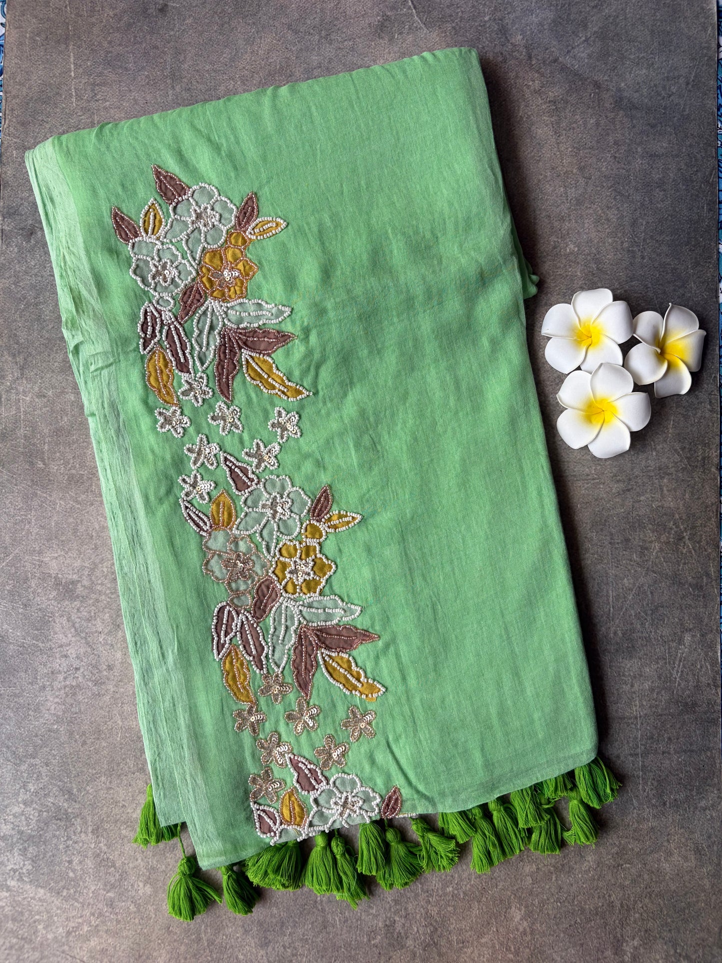 Mul Mul Cotton Saree Light Green with Tussles | TLL502
