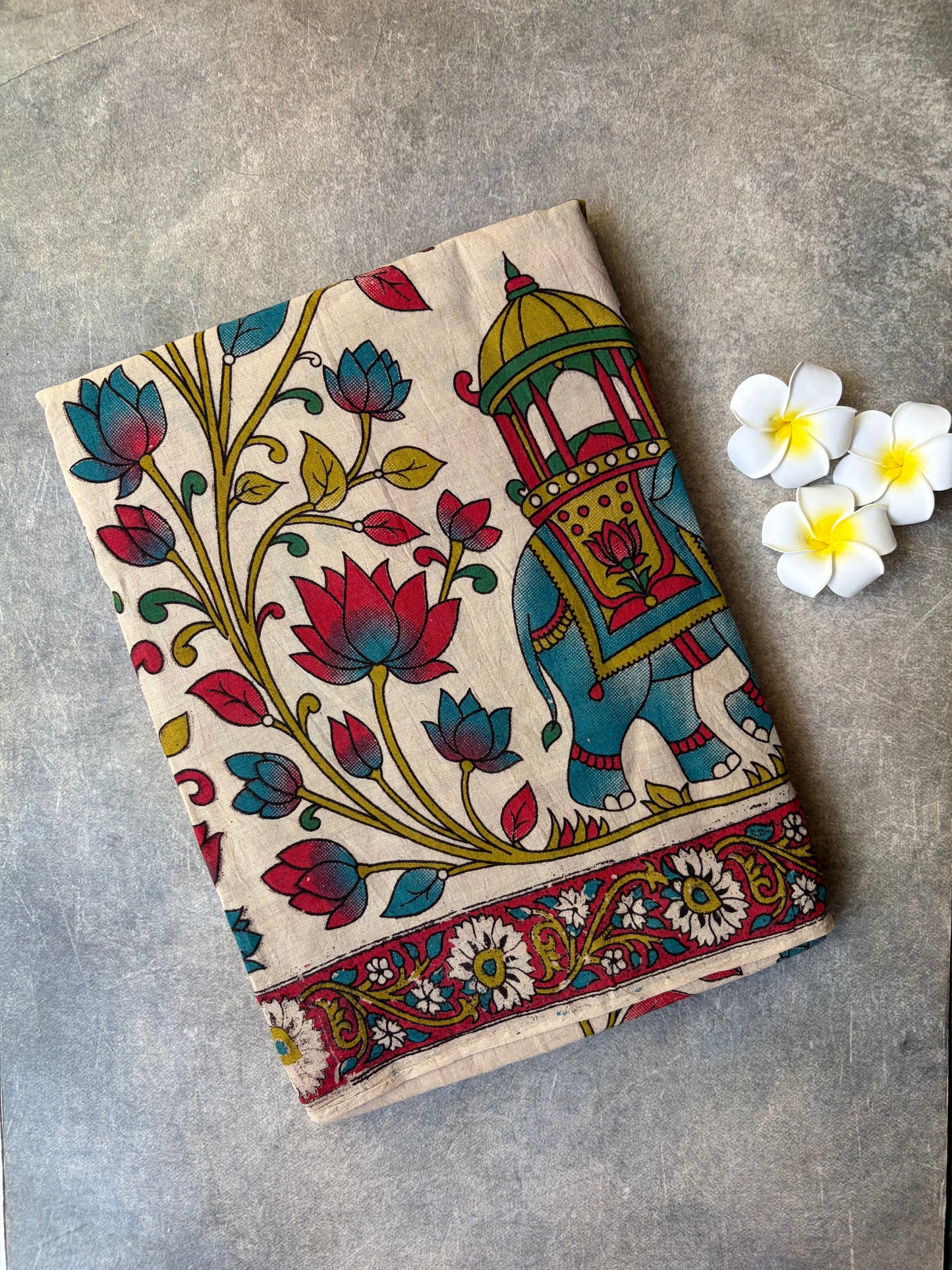 Kalamkari Printed Cotton Saree Cream Colour | TLL410