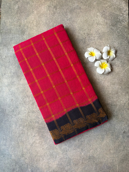 Kattam Sungudi Cotton Saree Pinkish-Red with Blue Border | TLL680