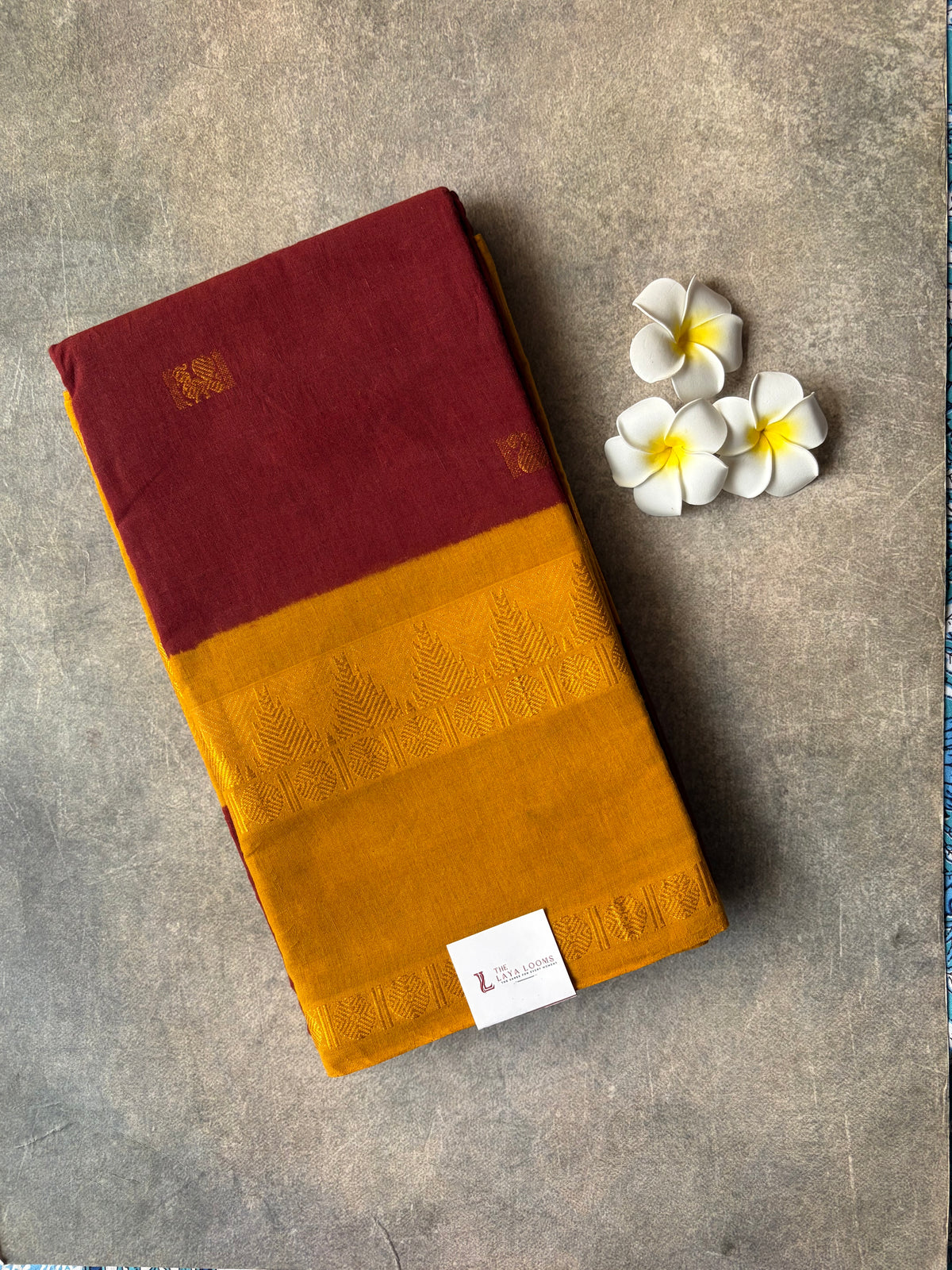 Peacock Zari Maroon with Mustard Yellow Border Sungudi Saree | TLL632