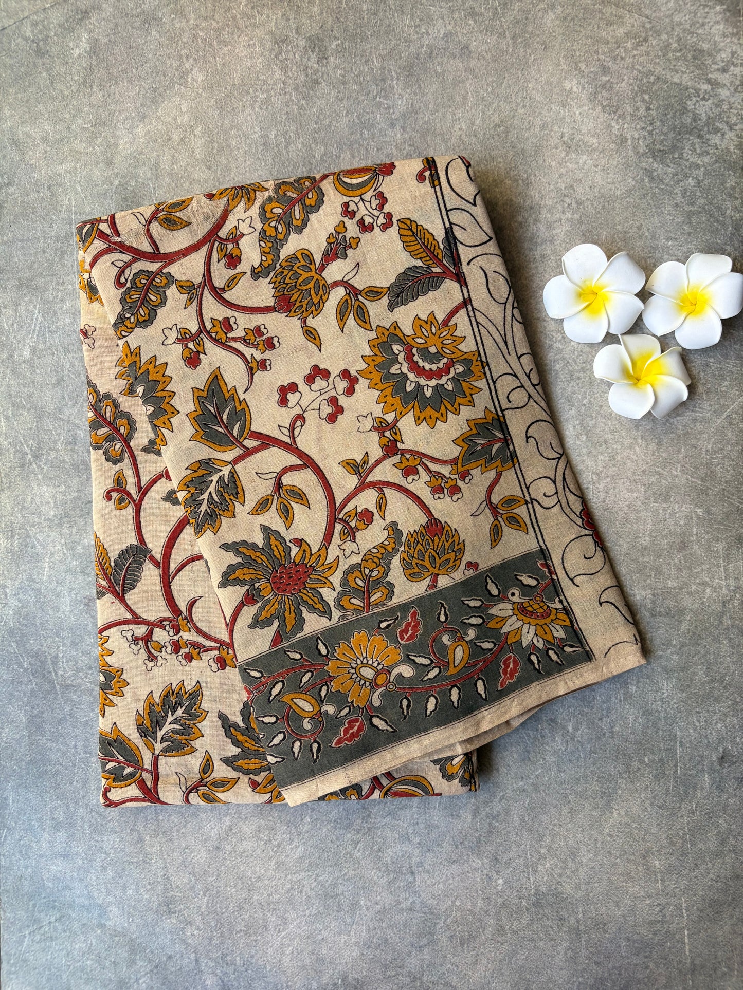 Kalamkari Printed Cotton Saree Cream Colour | TLL414