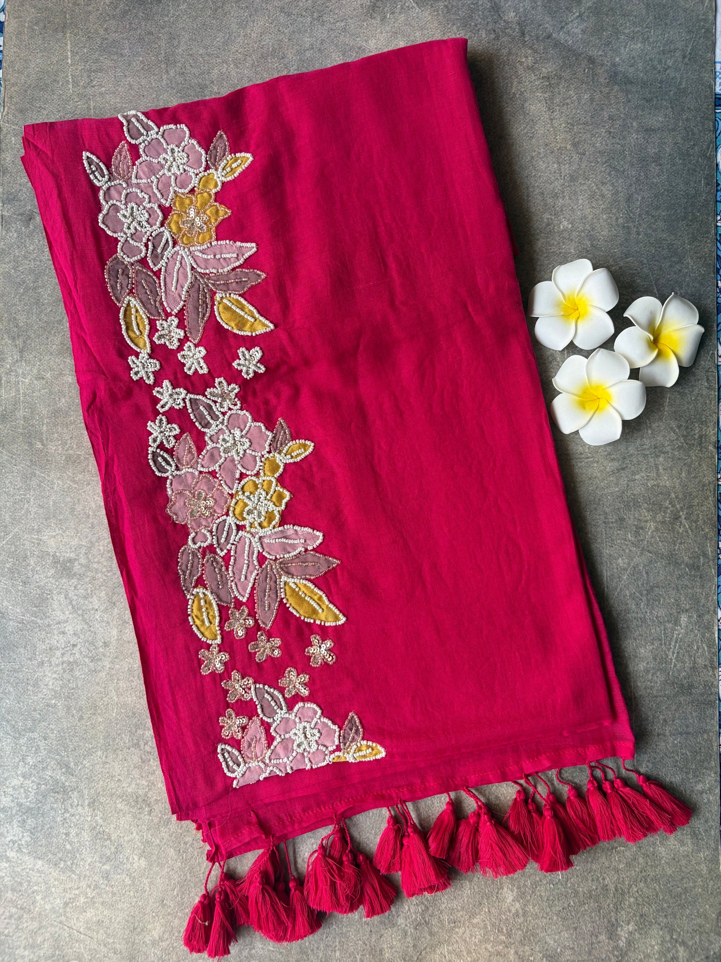 Embroidery Mul Mul Cotton Saree Magenta | TLL506