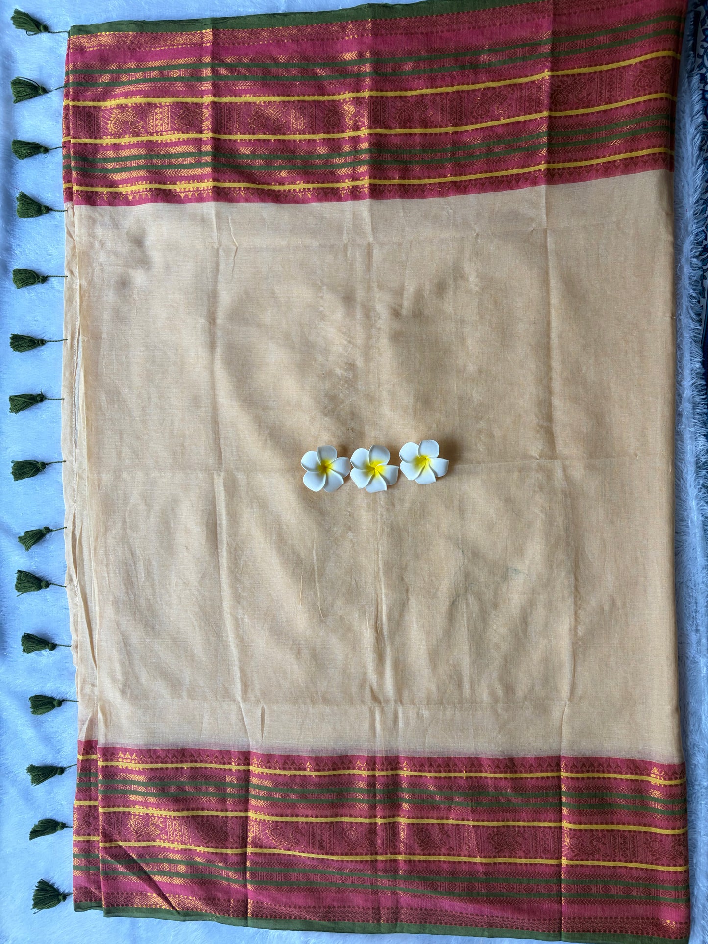 Mul Mul Cotton Saree Cream Colour with Green Tussles | TLL258