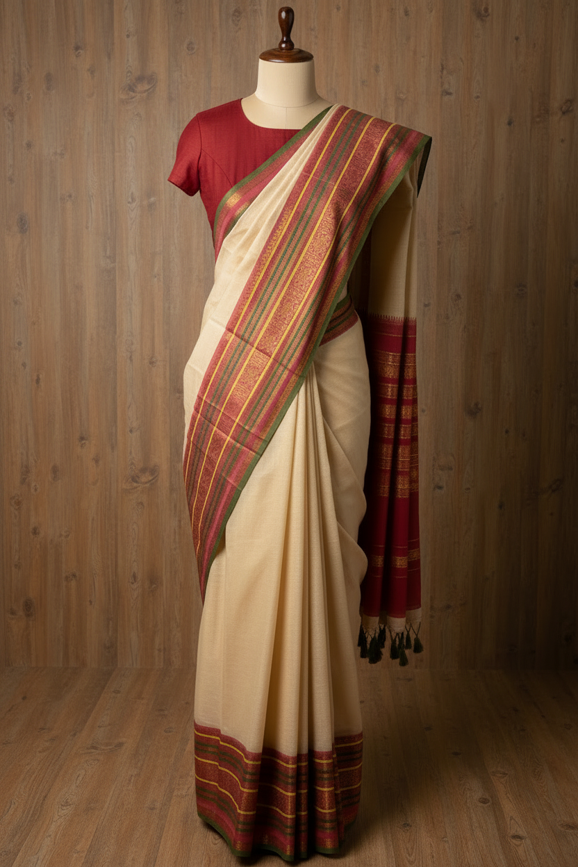 Mul Mul Cotton Saree Cream Colour with Green Tussles | TLL258