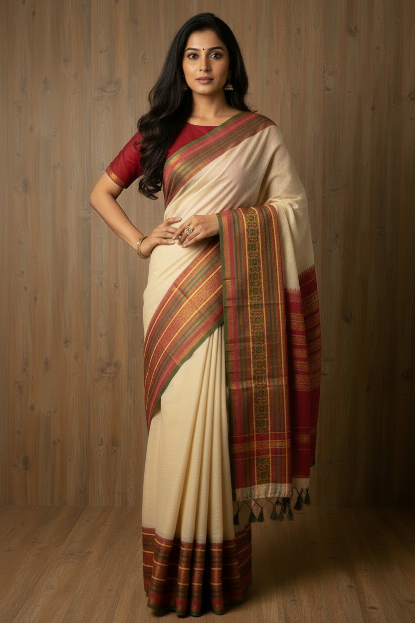 Mul Mul Cotton Saree Cream Colour with Green Tussles | TLL258