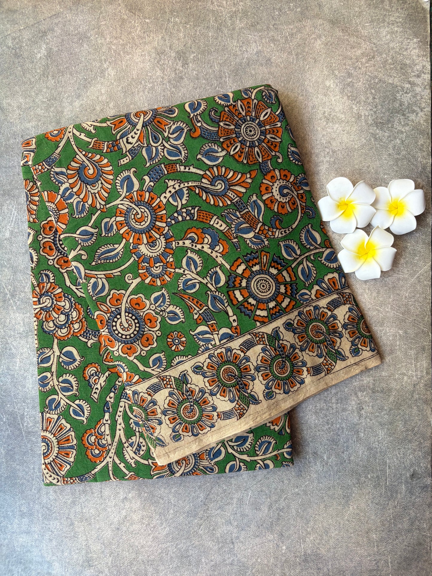 Kalamkari Printed Cotton Saree Green | TLL424