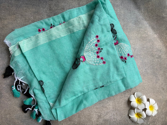 Mul Mul Cotton Saree | Sky Blue with Tassels & Doll Embroidery