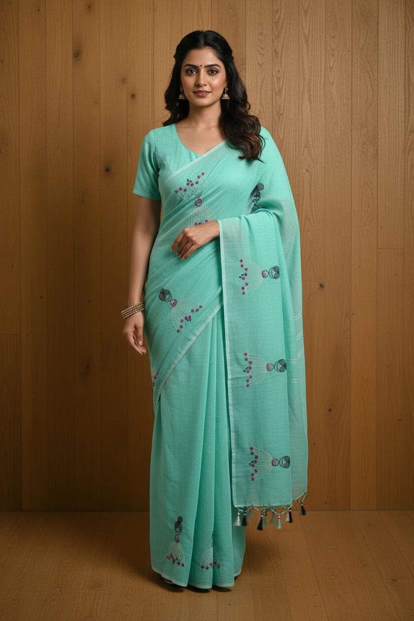 Mul Mul Cotton Saree | Sky Blue with Tassels & Doll Embroidery | TLL154