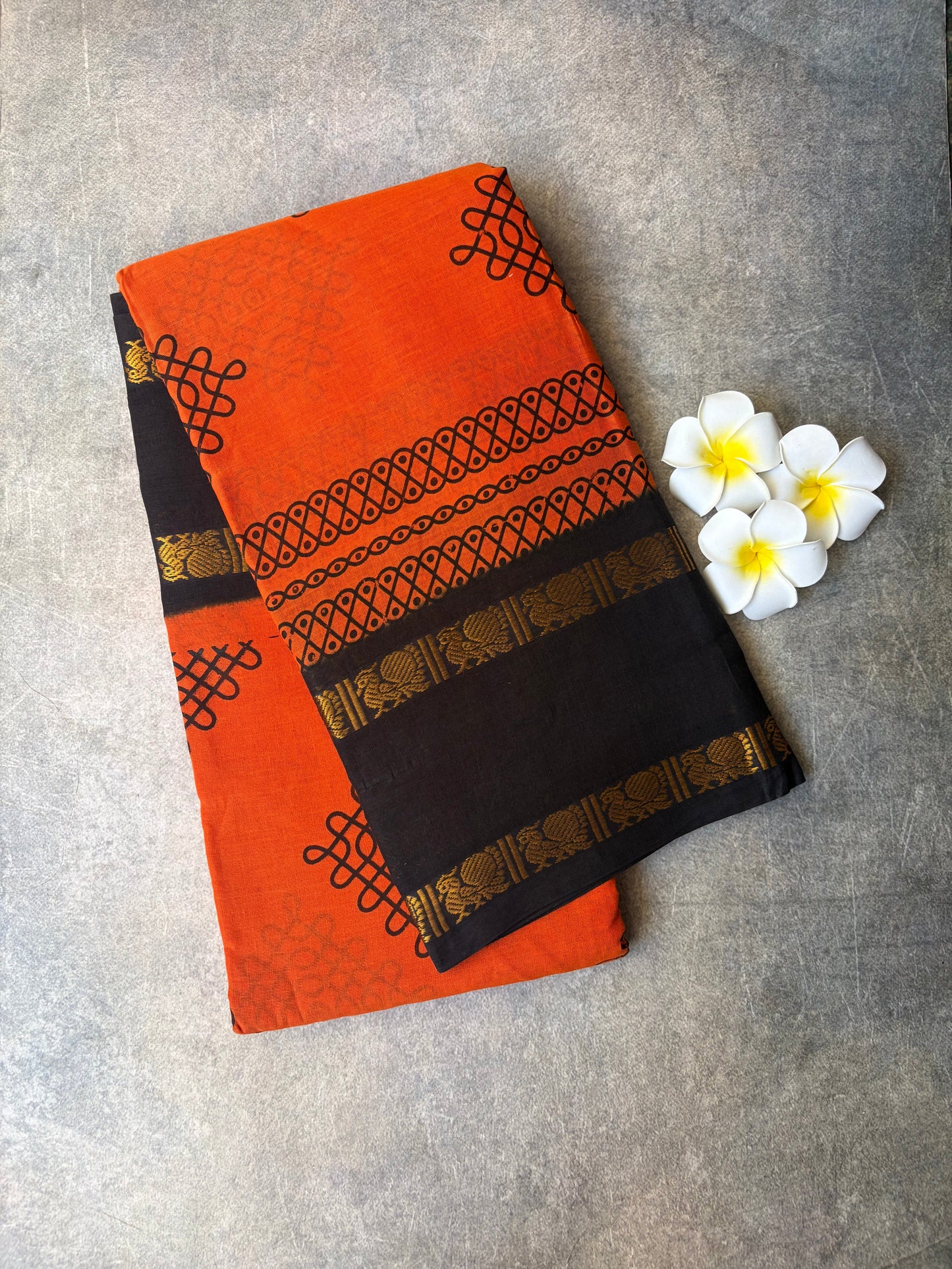 Kolam Printed Sungudi Cotton Saree Orange | TLL393