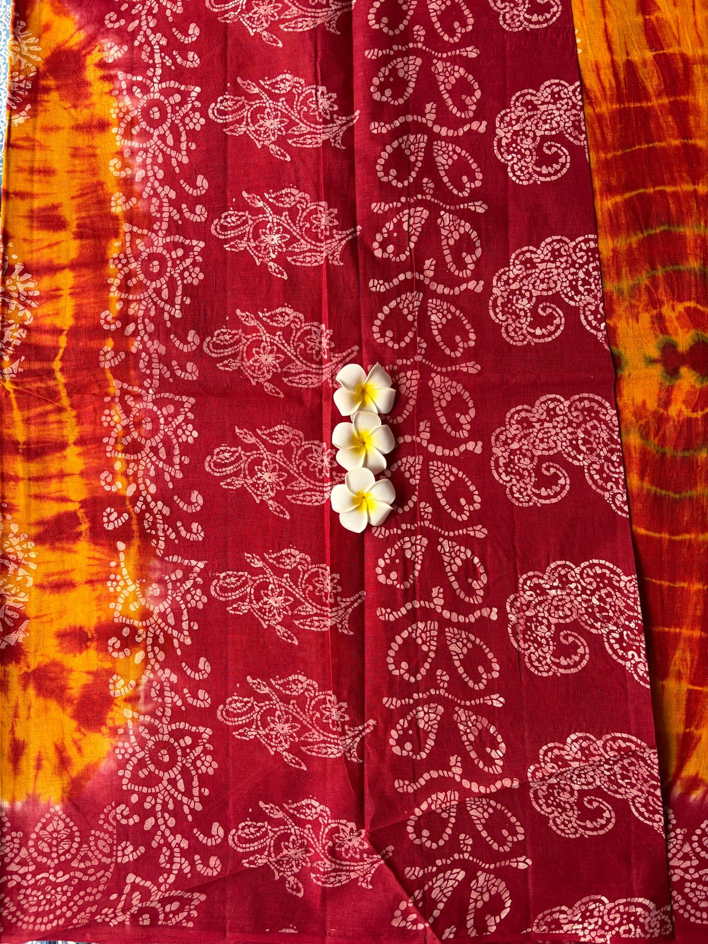 Red and Yellow tie-dye Shibori Cotton Saree | TLL575