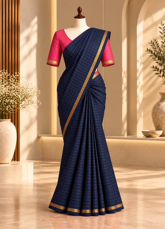 Golden Checked Navy Blue Sungudi Saree Simple Border | TLL686