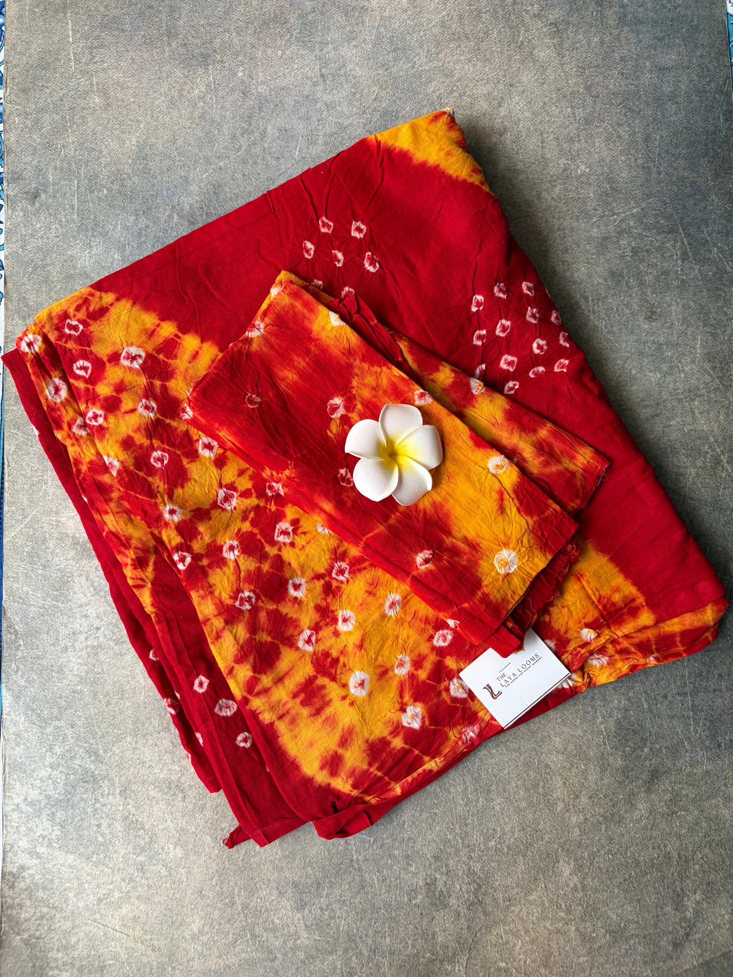 Bhandhini Cotton Saree | Hand- knotted Sungudi saree| Red with yellow | TLL198