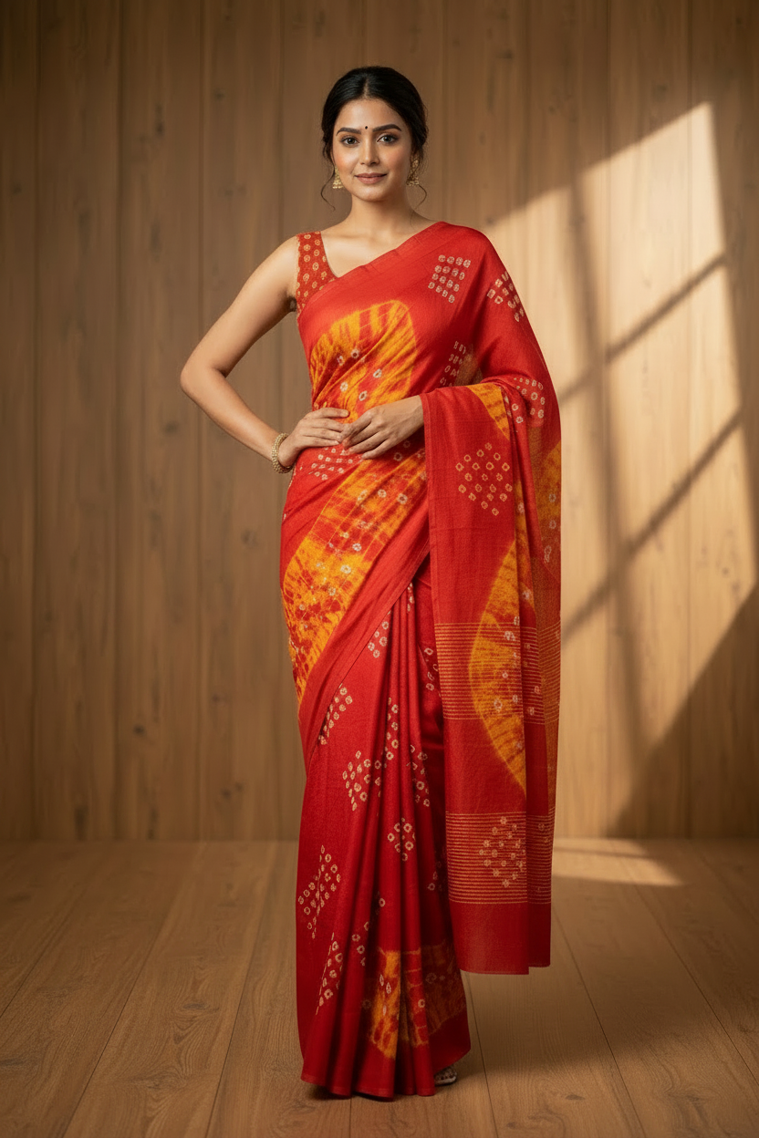 Bandhani Saree Cotton Red | Hand- knotted Sungudi saree| Red with yellow | TLL198