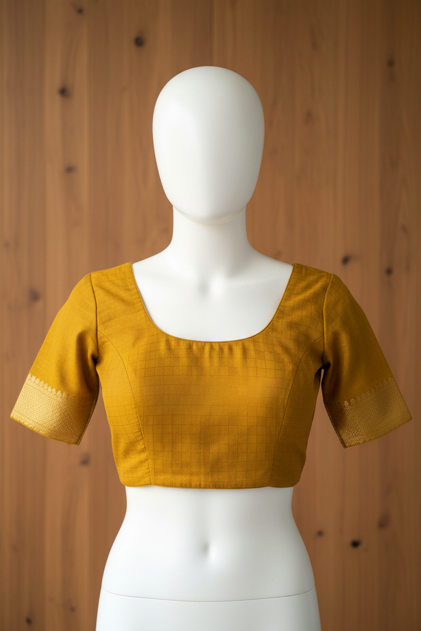 Mustard yellow Golden Checked Sungudi Cotton Blouse Piece | TLL236