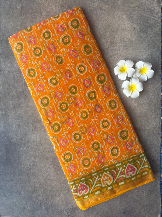 Orange Round Printed Kota Doria Cotton Saree | TLL568