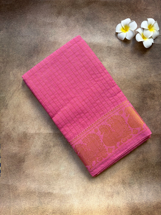 Pink Self Zari Checks Sungudi Saree with Golden Zari
