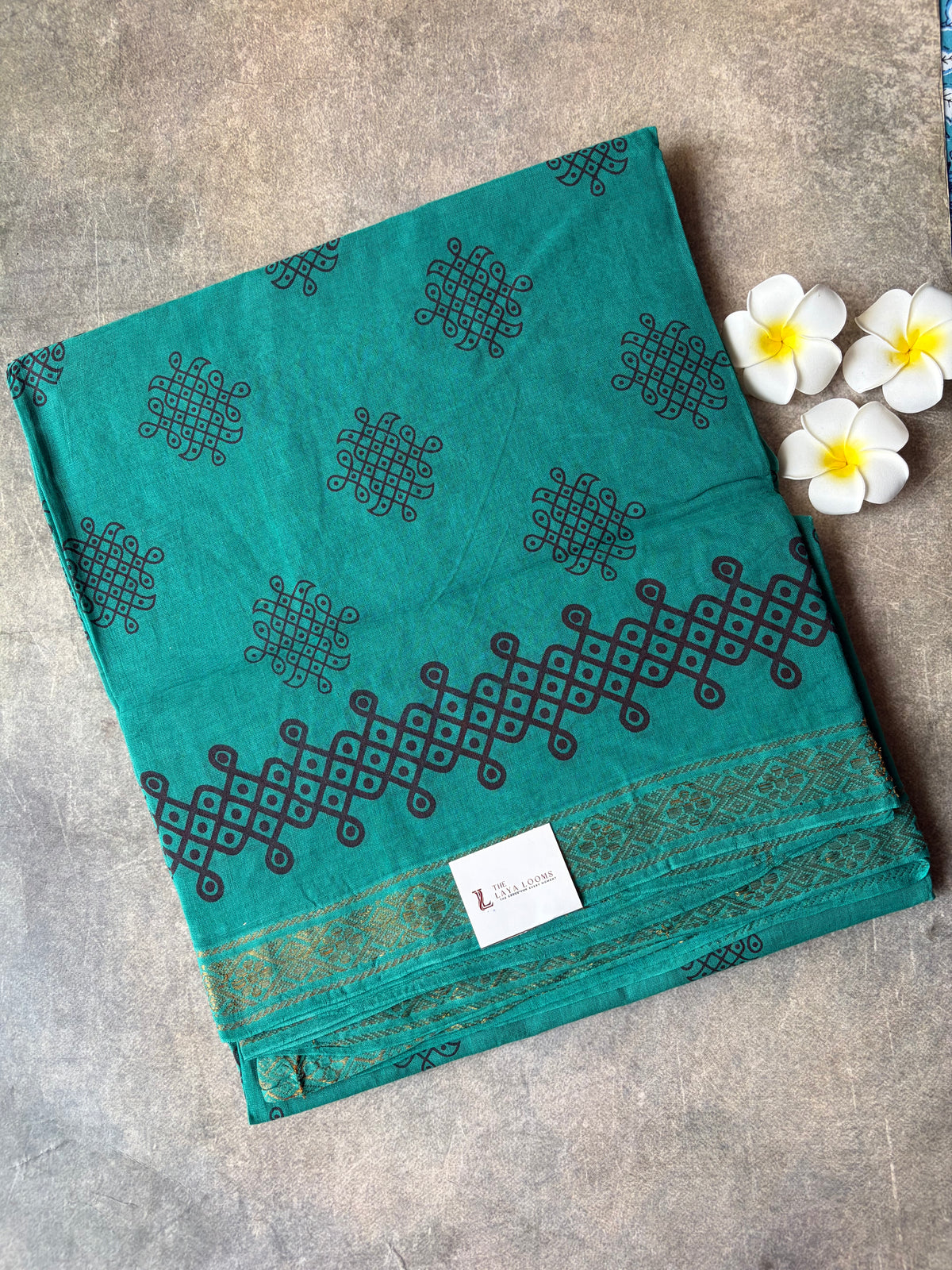 Kolam Printed Sungudi Cotton Saree Green | TLL638