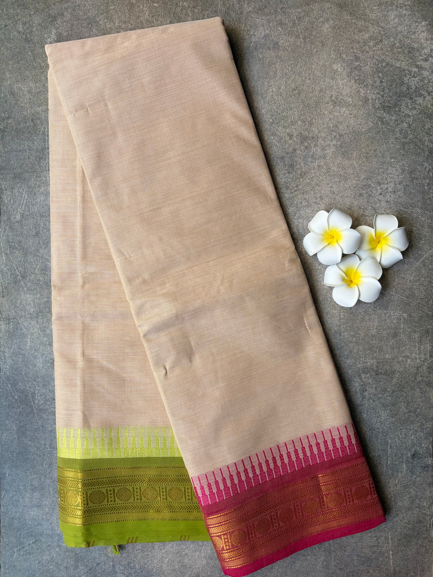 Kanchi Cotton Saree Light Cream Ganga-Jamuna Border | TLL371