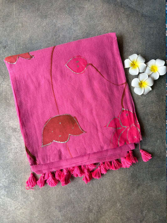 Hand Painted Mul Mul Cotton Saree Pink | TLL514