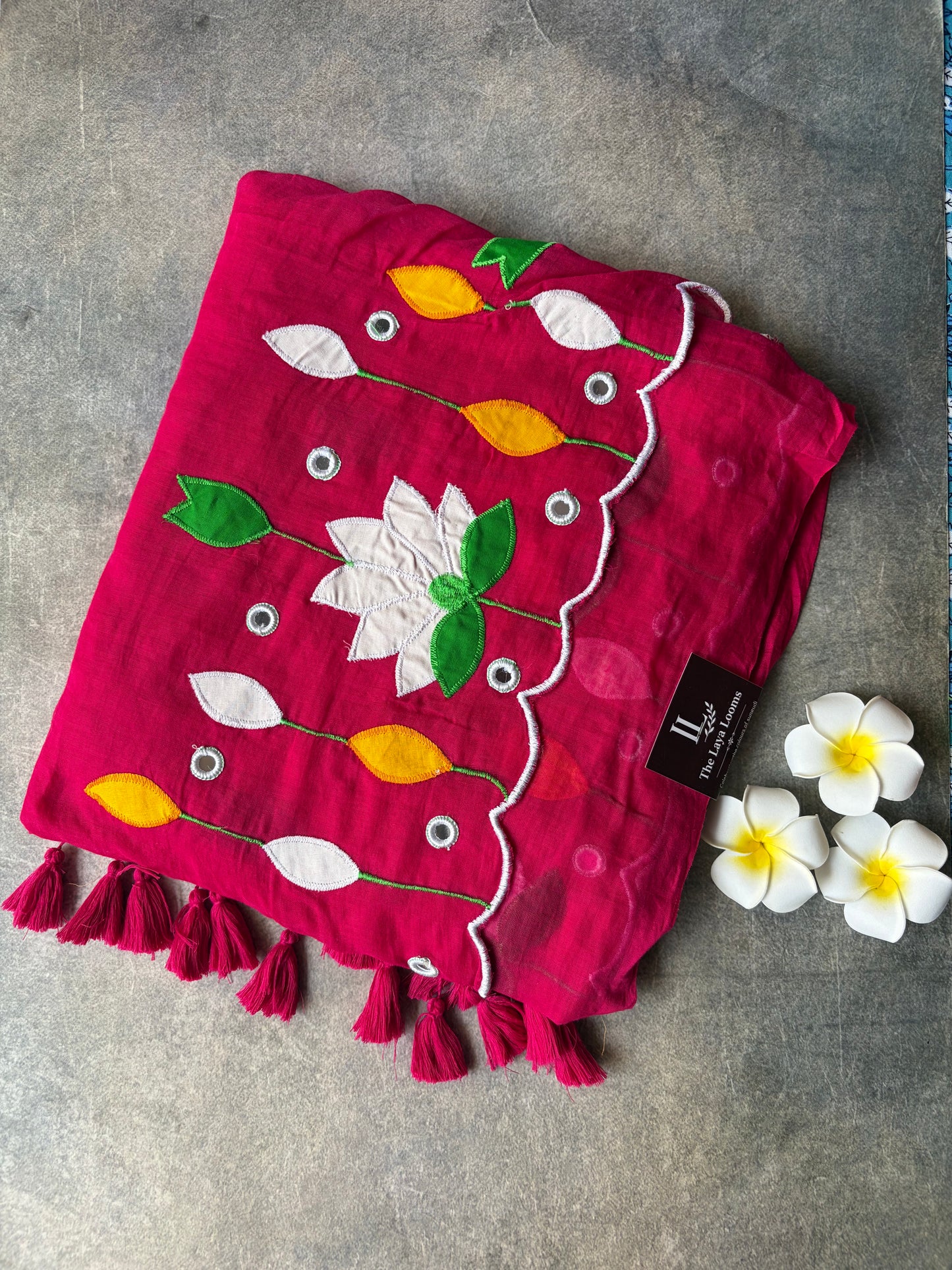 Applique Work Mul Mul Cotton Saree Pink | TLL544