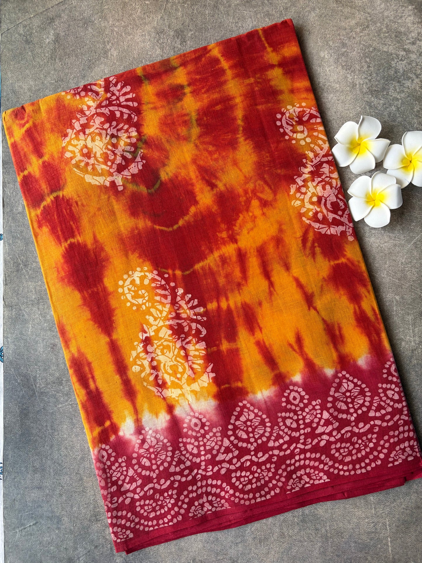Red and Yellow tie-dye Shibori Cotton Saree | TLL575