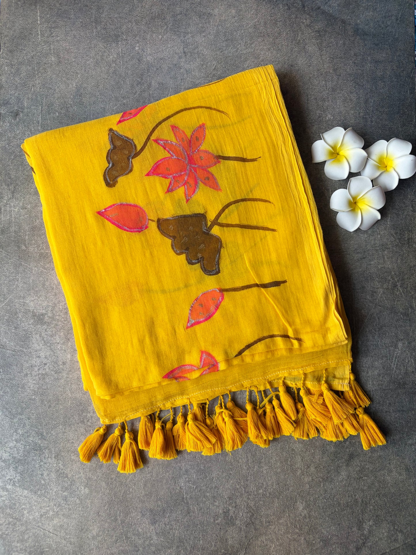 Hand Painted Mul Mul Cotton Saree Yellow | TLL517