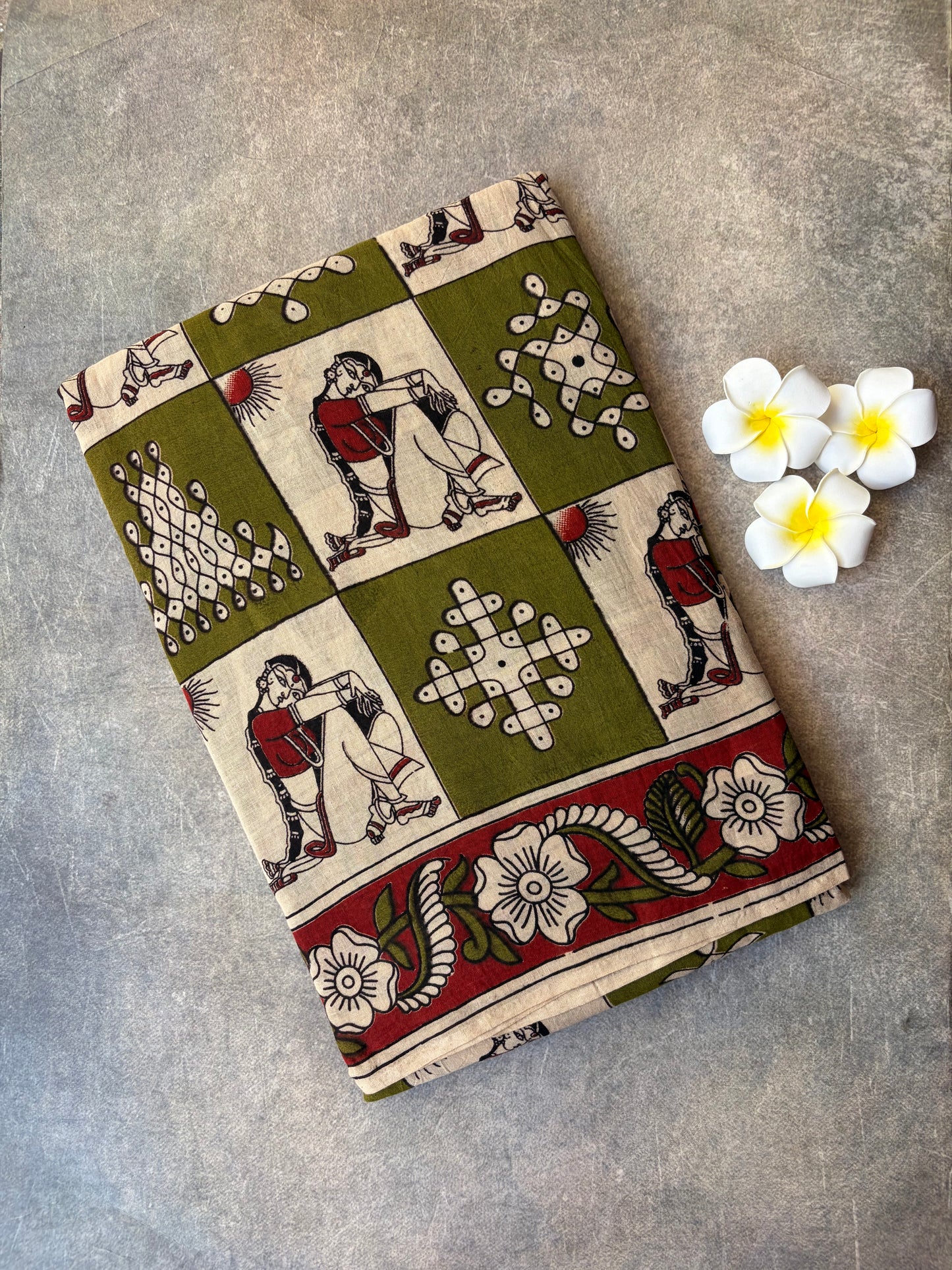 Kalamkari Printed Cotton Saree Mehendi Green | TLL422