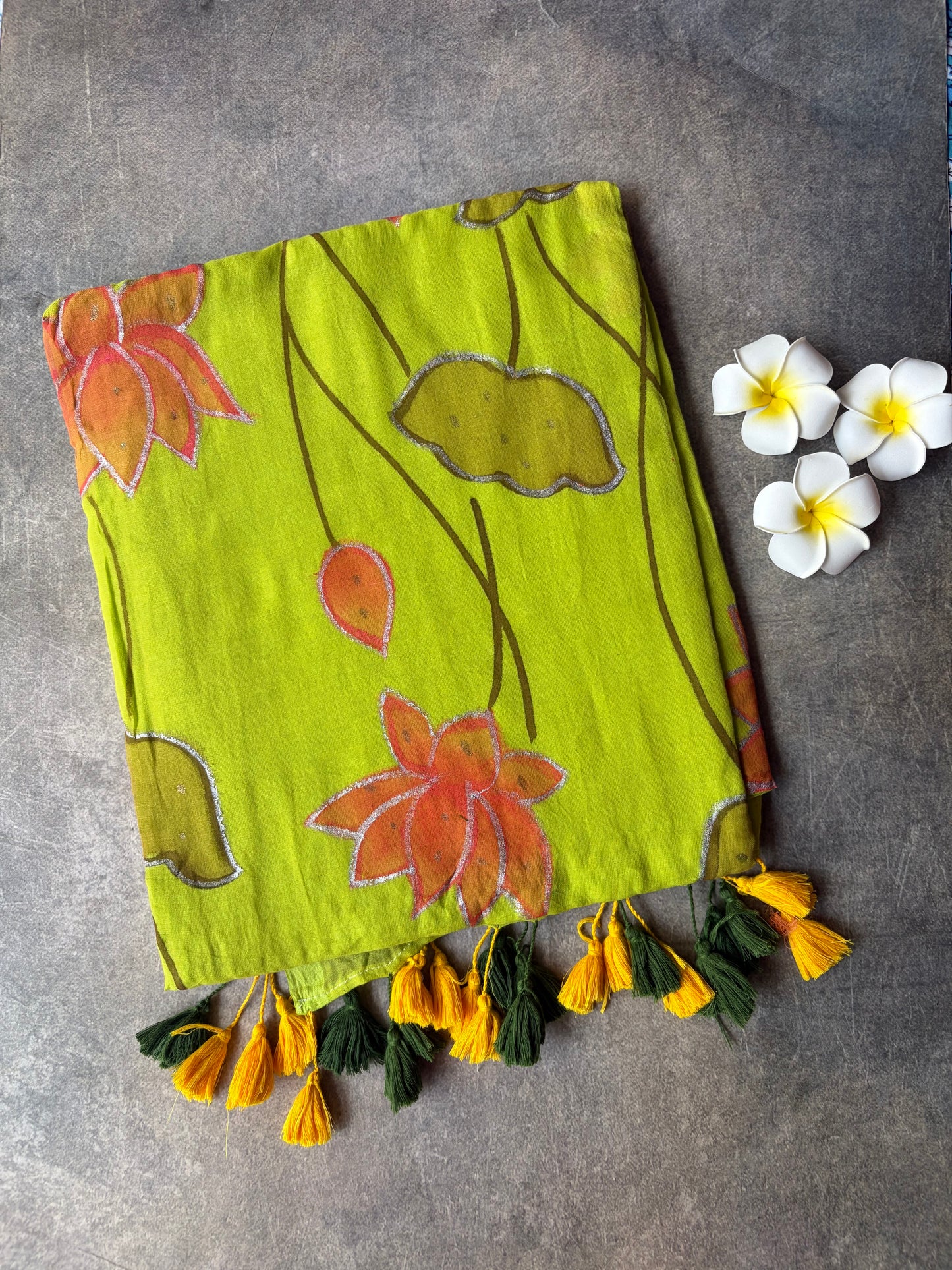 Hand Painted Mul Mul Cotton Saree Lime Green | TLL519